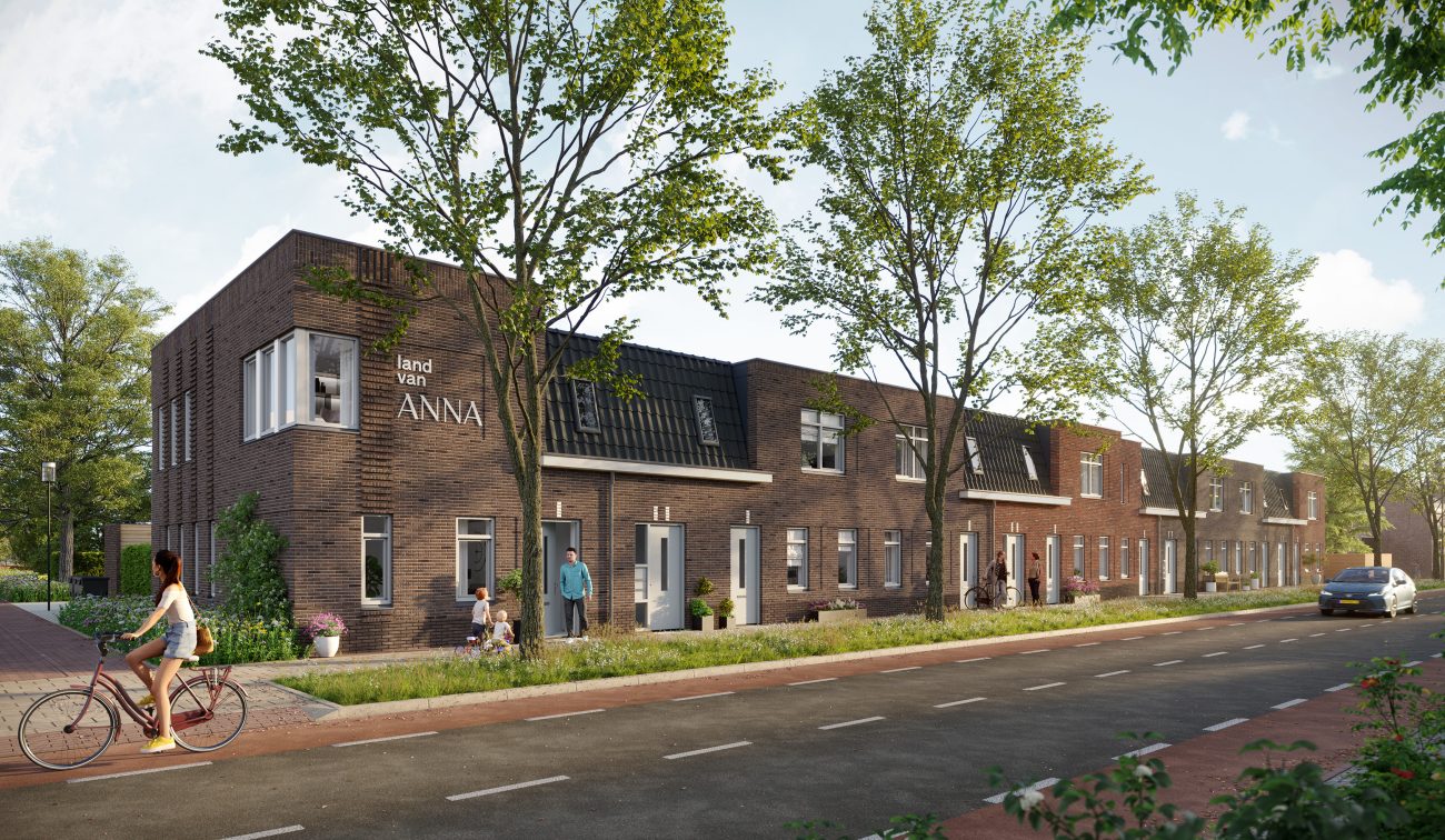 Impressie van rijtjeswoningen in het nieuwbouwproject Land van Anna in Goirle, met groene voortuinen en een rustige, autoluwe straat.