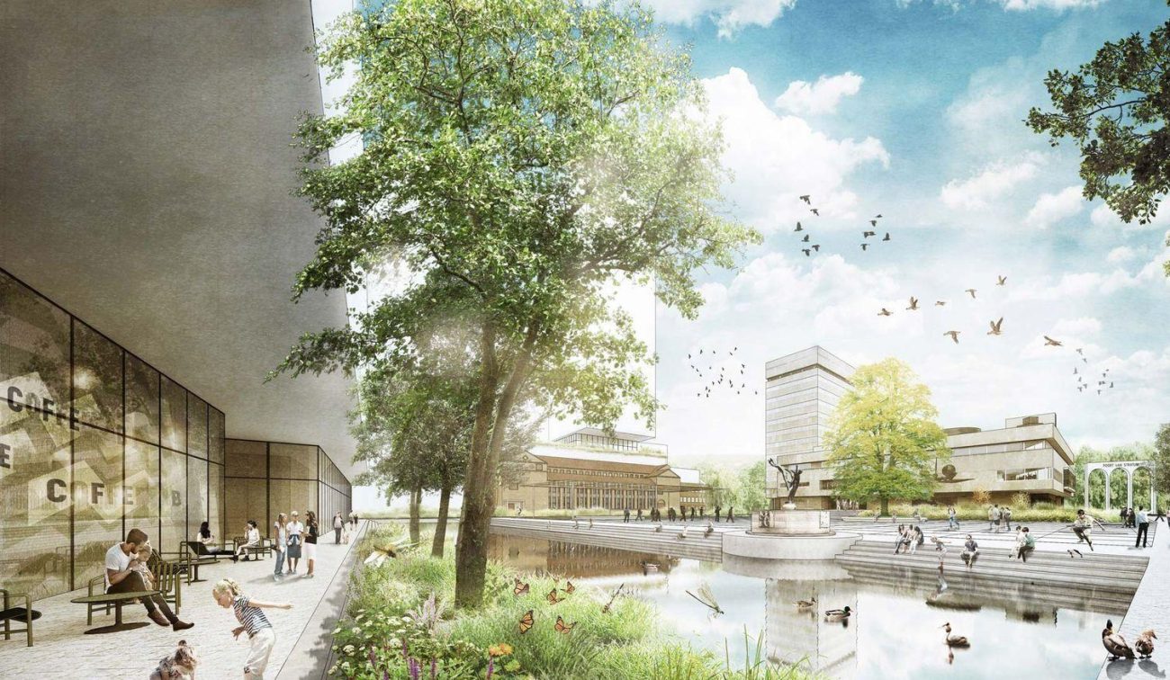 Impressie Herontwikkeling Stadhuisplein Eindhoven met groen stadsplein, waterpartij en terrassen bij het stadhuis—levendige openbare ruimte met voetgangers en vogels.