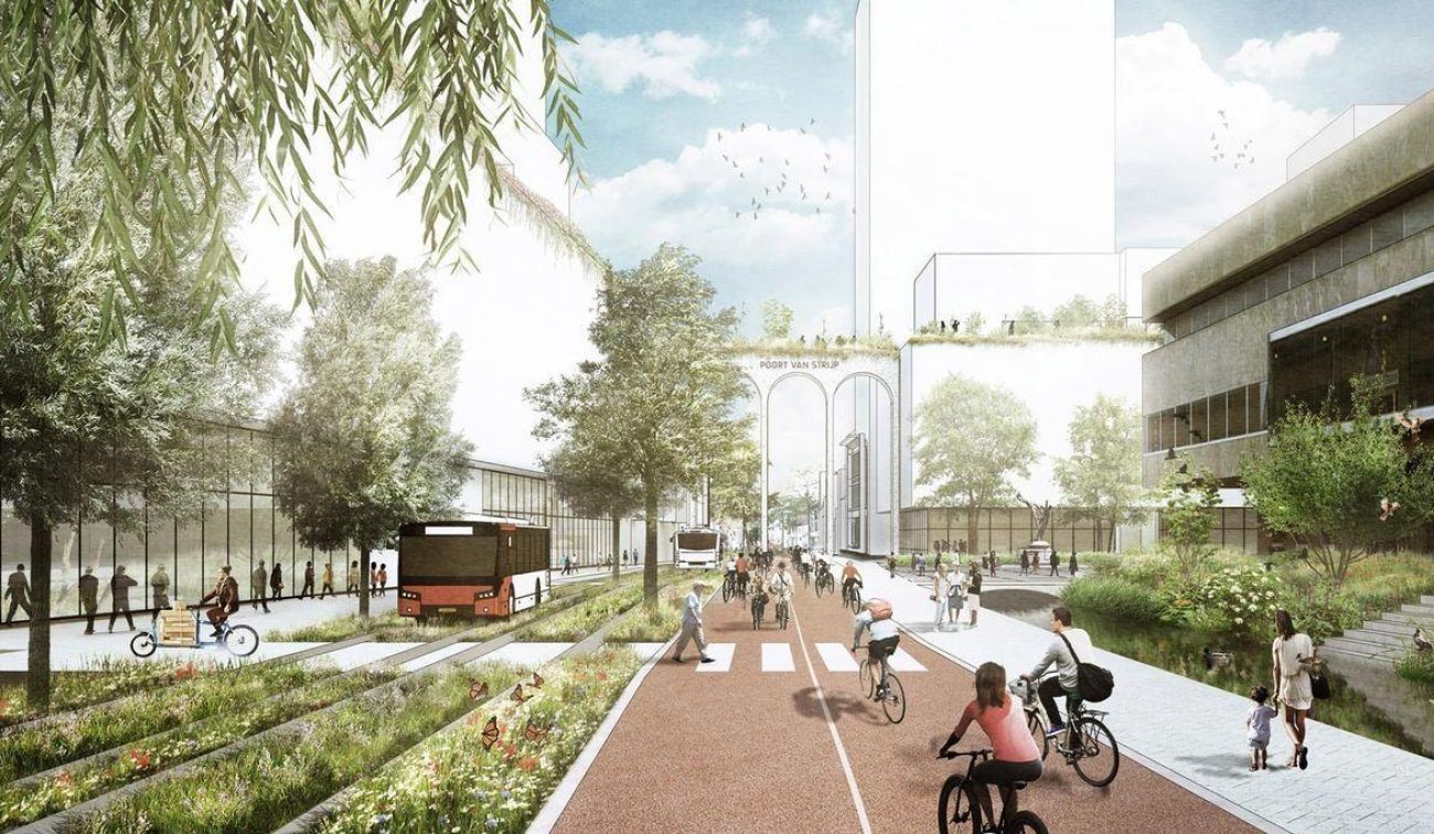 Herontwikkeling Stadhuisplein Eindhoven – impressie van groene stadsboulevard met HOV-bus, veel fietsers en voetgangers, brede stoepen en nieuwbouw met daktuinen en arcades.