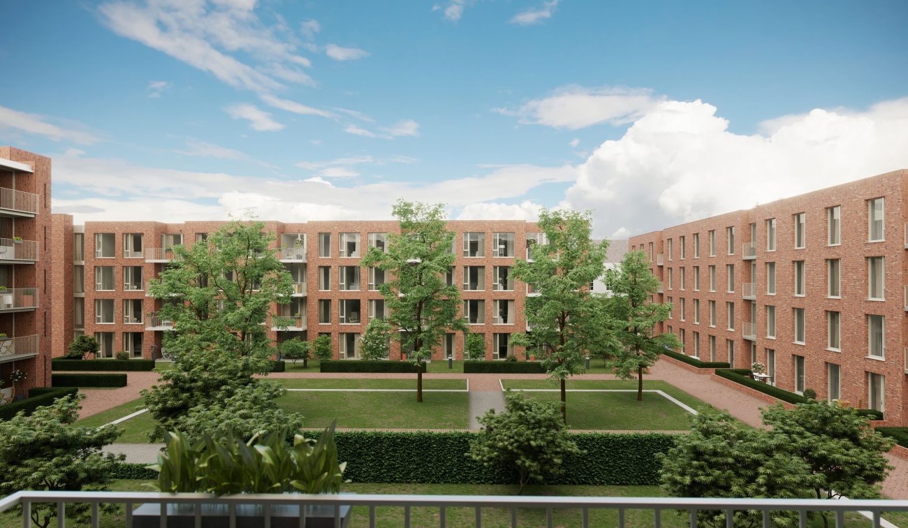 Impressie van de groene binnentuin van het nieuwbouwcomplex met 60 appartementen aan de Kloosterstraat in Tilburg.