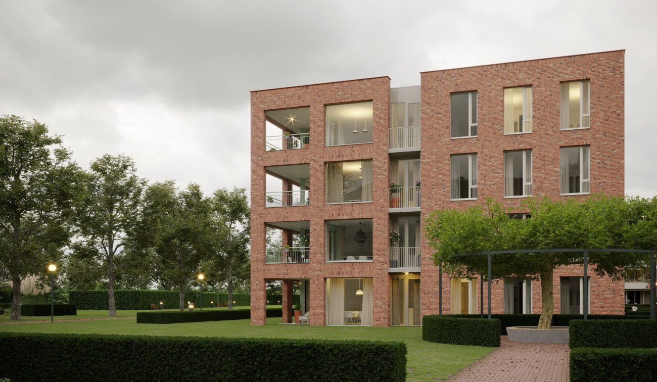 Impressie van het zijaanzicht van de nieuwbouw met 60 appartementen aan de Kloosterstraat in Tilburg, onderdeel van het woningbouwproject.