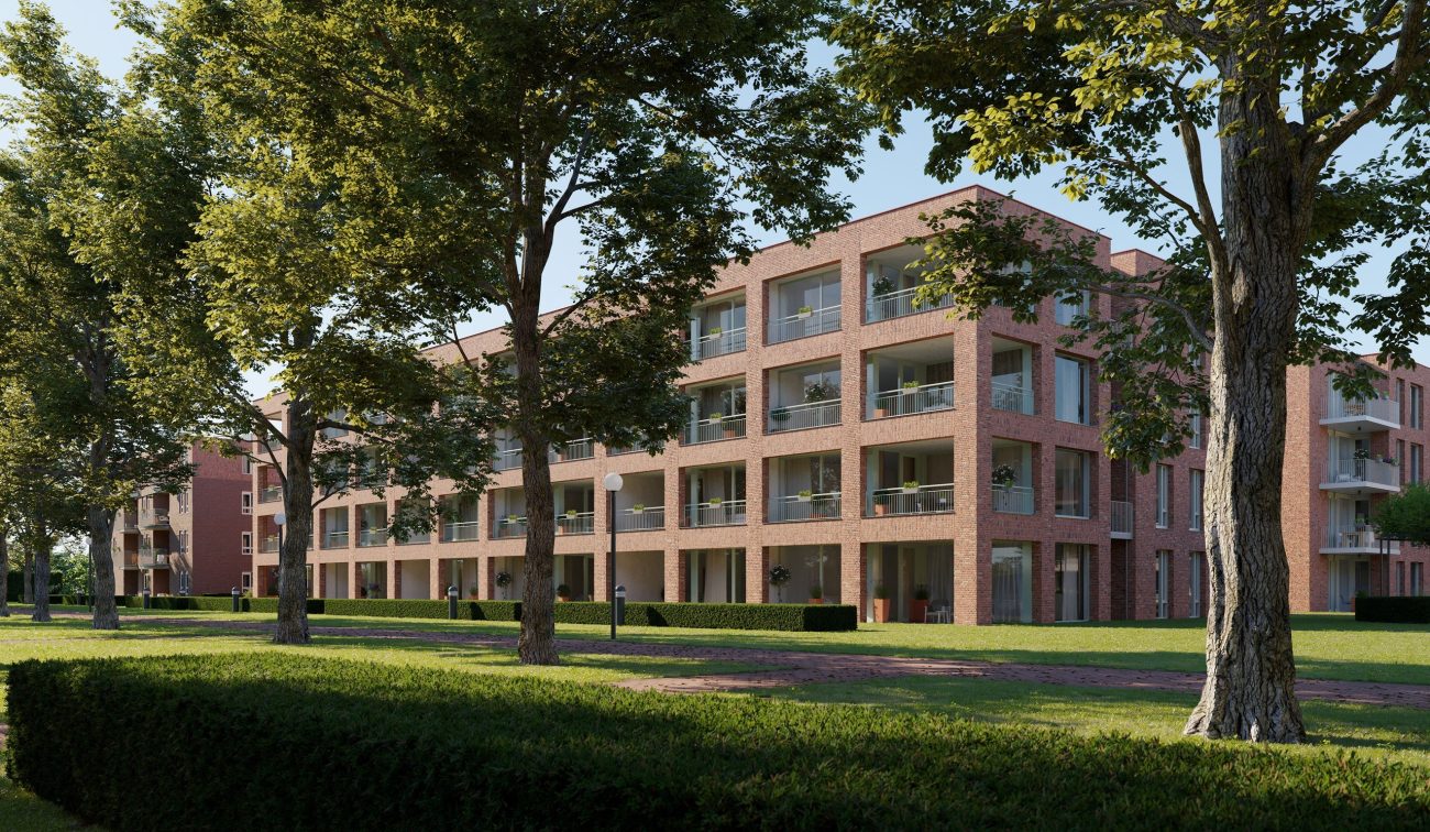 Alternatieve impressie van de nieuwbouw van 60 appartementen aan de Kloosterstraat in Tilburg, met zicht op het moderne ontwerp en de buitenruimte.