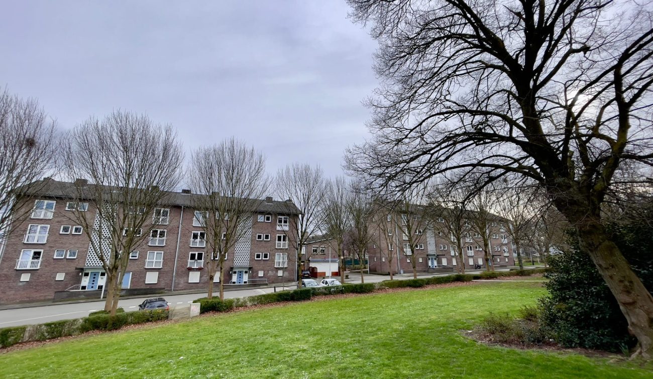 Maastrichtse portiekwoningen langs straat, zicht vanaf grasveld – project verduurzaming 91 woningen.