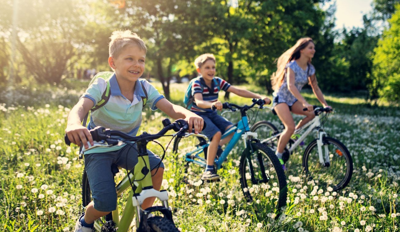 Drie kids op fietsen in lentegras met bloeiende pluisbollen, recreatief buiten — Ontwikkeling Kluisstraat Ommel
