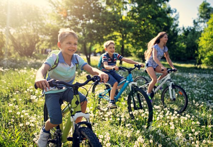 Drie kids op fietsen in lentegras met bloeiende pluisbollen, recreatief buiten — Ontwikkeling Kluisstraat Ommel