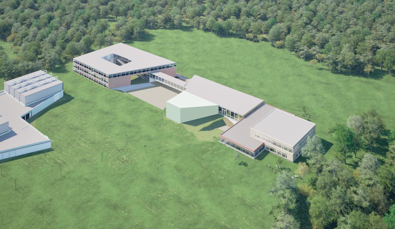 Impressie van bovenaanzicht vernieuwde "De Werkplaats". Dit is een gebouw met twee scholen