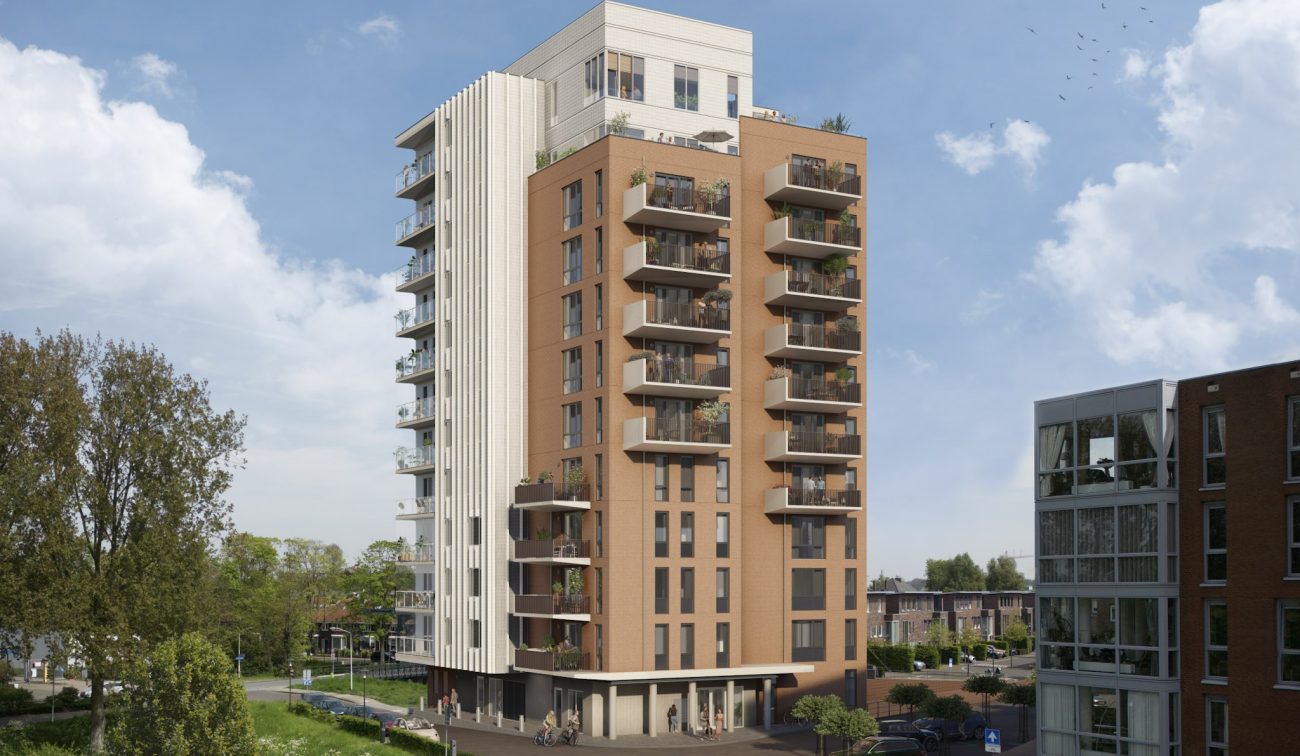 Impressie Nieuwbouw Merwehoofd Papendrecht: moderne woontoren met baksteen en balkons, groen en plein voor.