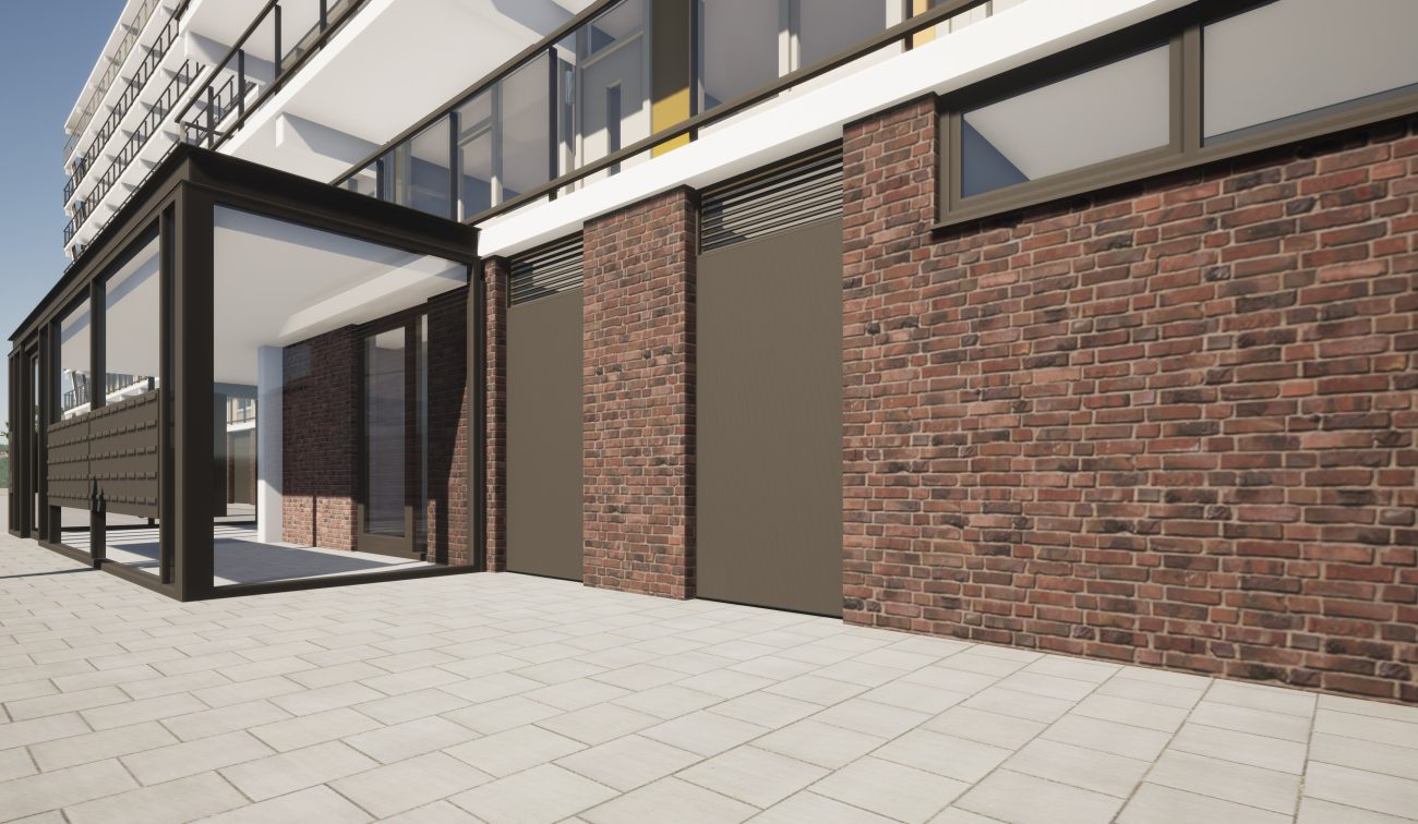 Impressie nieuwe plint met bakstenen gevel, glazen entree-overkapping en tegelverharding — Groot onderhoud Albert Schweitzer Brunssum