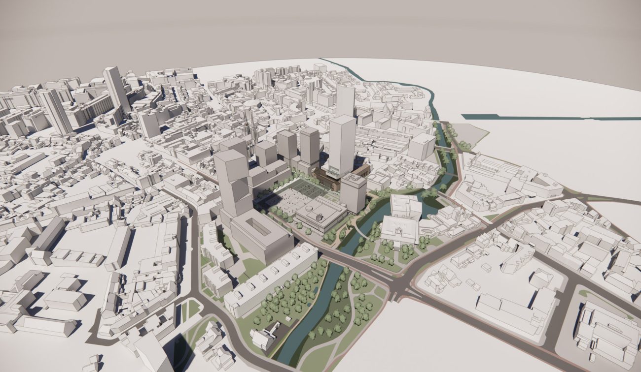 Vogelvluchtimpressie herontwikkeling Stadhuisplein Eindhoven – 3D-stadsmodel met nieuwe torens rond de Stadshal, groene kades en waterstructuur in het centrum.