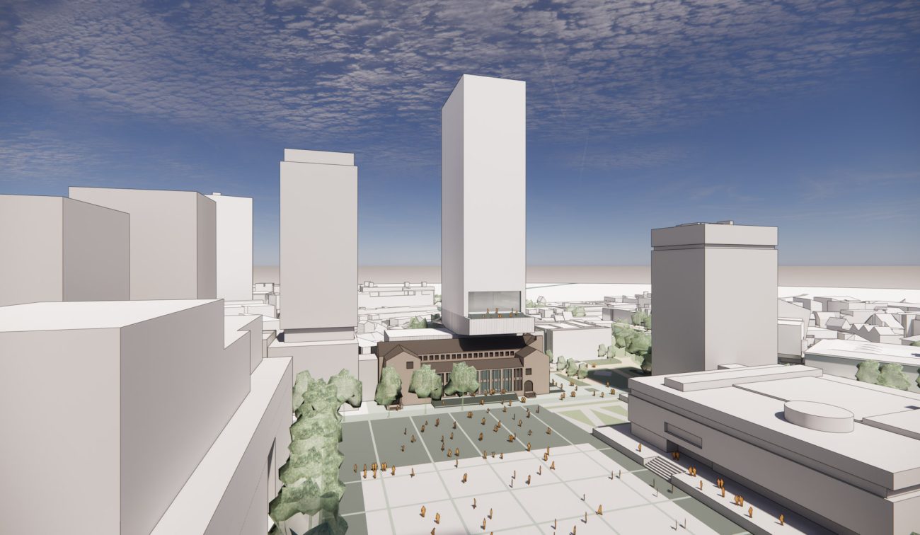 Herontwikkeling Stadhuisplein Eindhoven – 3D-impressie/massastudie met slanke hoogbouw boven cultuurgebouw, groen stadsplein met bomen en looproutes.