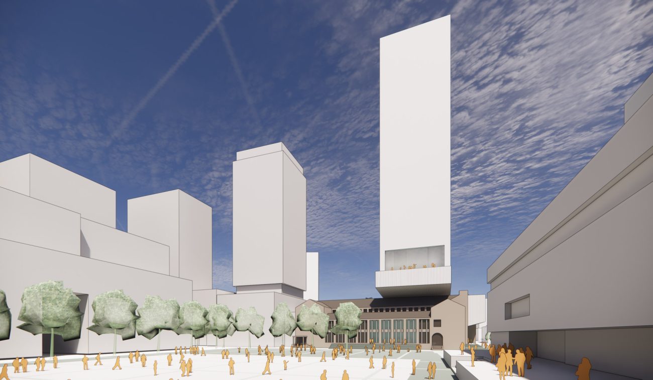 Impressie herontwikkeling Stadhuisplein Eindhoven – hoogbouwtoren met uitkraging boven de Stadshal, omringd door moderne bebouwing, bomen en een levendig stadsplein met voetgangers.