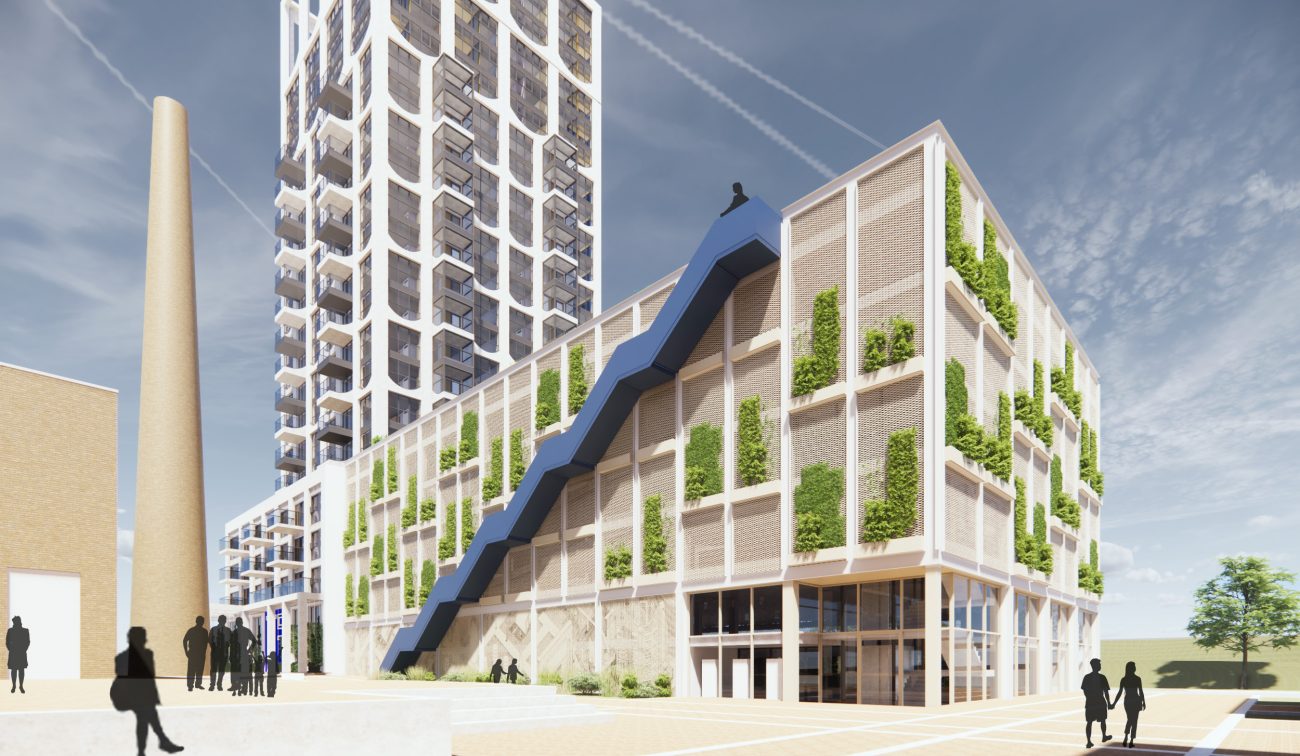 Impressie van de nieuw te bouwen parkeergarage bij project De Caai, met moderne architectuur en groene gevels passend in de stedelijke omgeving.