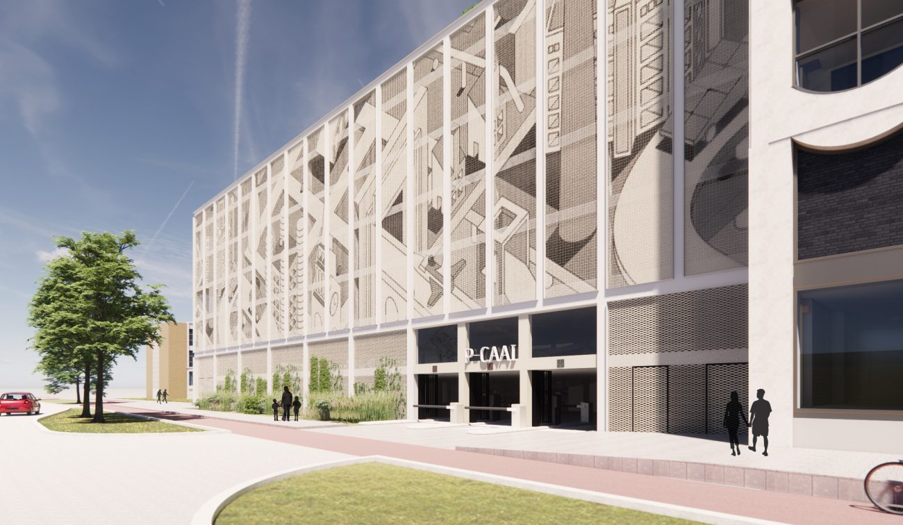 Impressie van de voorzijde van de parkeergarage van nieuwbouwproject De Caai, met zicht op de hoofdentree en moderne gevelafwerking.