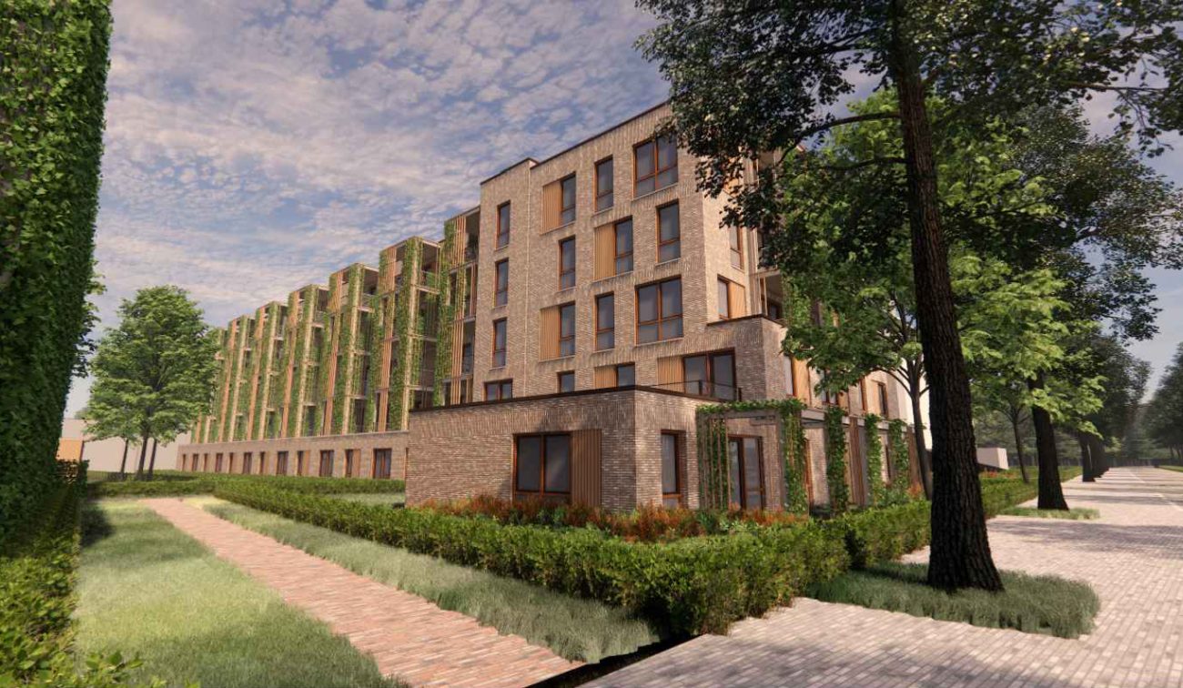 Impressie van de nieuwbouw aan de Hertoglaan in Vught, met een duurzaam ontwerp, groene gevels en ruime wandelpaden in een groene omgeving.