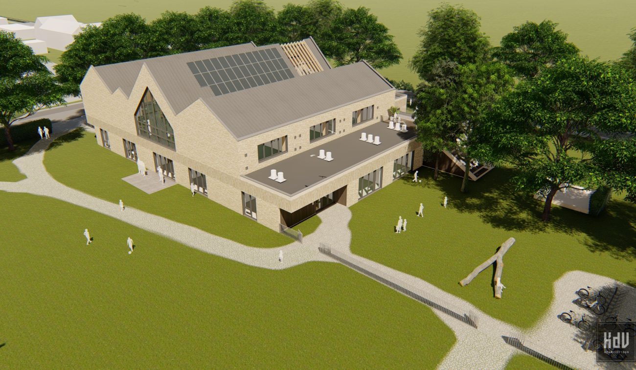 Nieuwbouw SKC Berg en Terblijt met kapgevels, pv-panelen, patio’s, glas en parkachtige buitenruimte