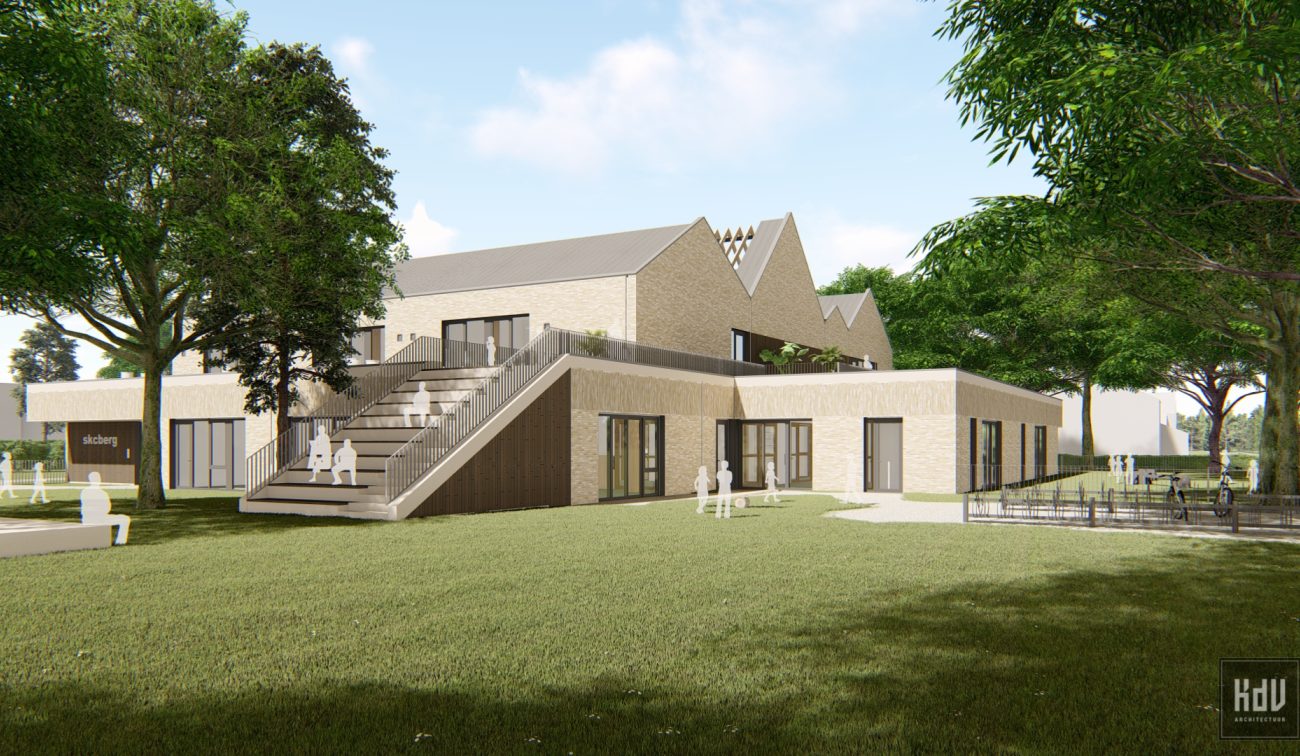 Artist impression SKC Berg en Terblijt: twee lagen, zigzagkappen, buitentrap en kindvriendelijk groen