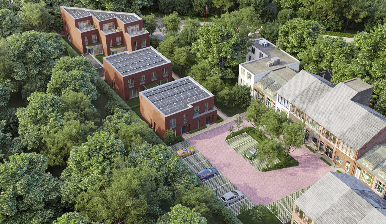 Impressie nieuwbouw Kovelaar Utrecht met baksteenblokken, zonnepanelen, groene hof en parkeervakken.