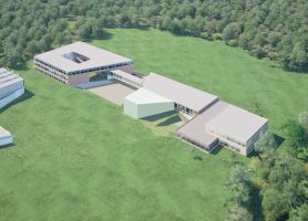 Impressie van bovenaanzicht vernieuwde "De Werkplaats". Dit is een gebouw met twee scholen