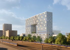 Impressie van woontorens Knoop XL Eindhoven – iconische toren met grote uitsparing en strak gevelraster, gelegen naast het spoor met passerende treinen en omringd door groen.