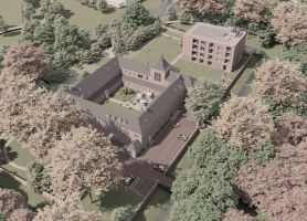 Impressie Luchtbeeld transformatie Clarissenklooster Eindhoven – Hotel Clara met binnenhof, paviljoen en park