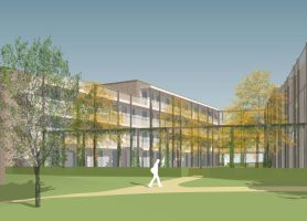 Gasthuishof Meerssen – impressie van groene binnentuin met pergola en bomen tussen bakstenen woongebouwen met galerijen