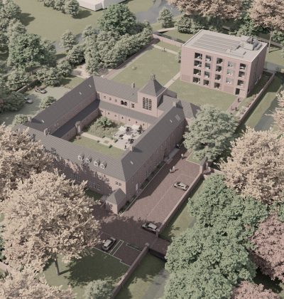 Impressie Luchtbeeld transformatie Clarissenklooster Eindhoven – Hotel Clara met binnenhof, paviljoen en park