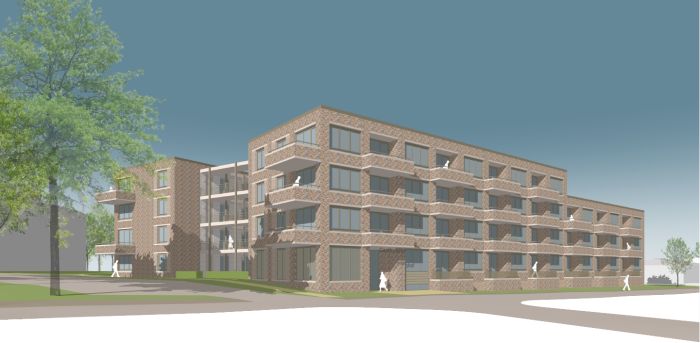 Impressie Meerssen – modern woonblok in baksteen met galerij/balkons en veel ramen aan de straat