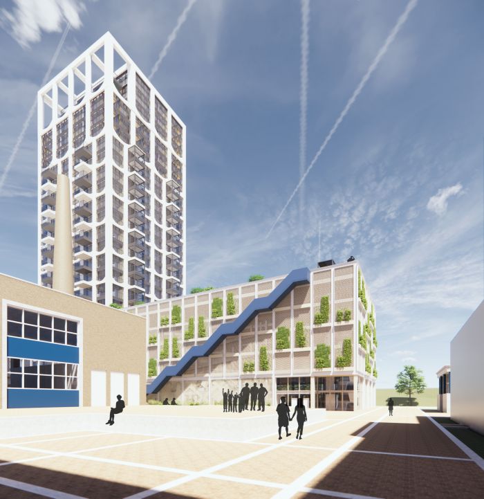 Impressie van de zijkant van de parkeergarage van nieuwbouwproject De Caai, met moderne gevelstructuur en groene accenten.