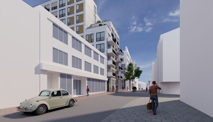 Impressie transformatie De Componist Kerkrade: witte gevel met uitkragende balkons en actieve plint