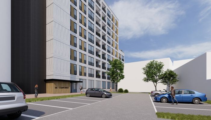 Impressie transformatie De Componist Kerkrade: entree aan plint, ritmische gevel en parkeerplaatsen