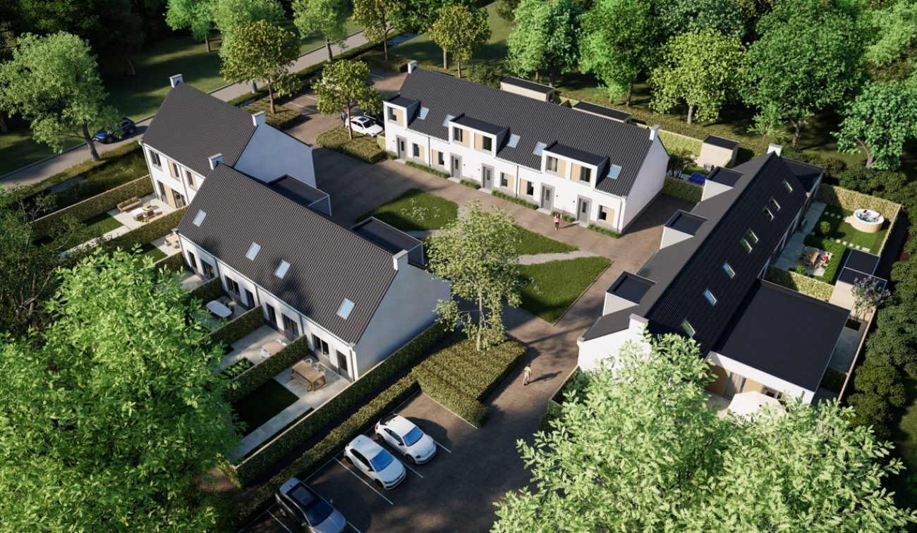 Luchtimpressie van de nieuwbouwwijk Houtens in Son, met duurzame woningen, groene inrichting en overzicht van de woonomgeving.