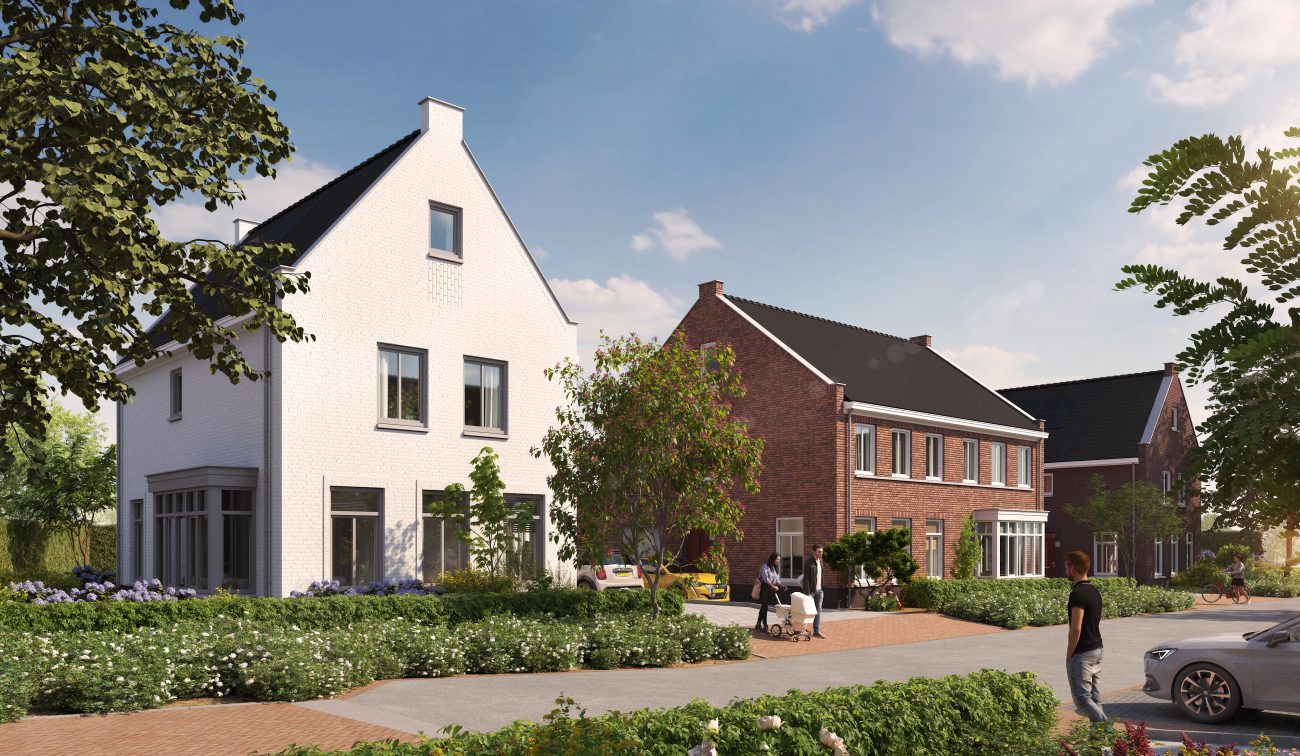 Impressie van het nieuwbouwproject De Bloesemgaard in Margraten, met moderne gezinswoningen en groene voortuinen in een rustige woonwijk.