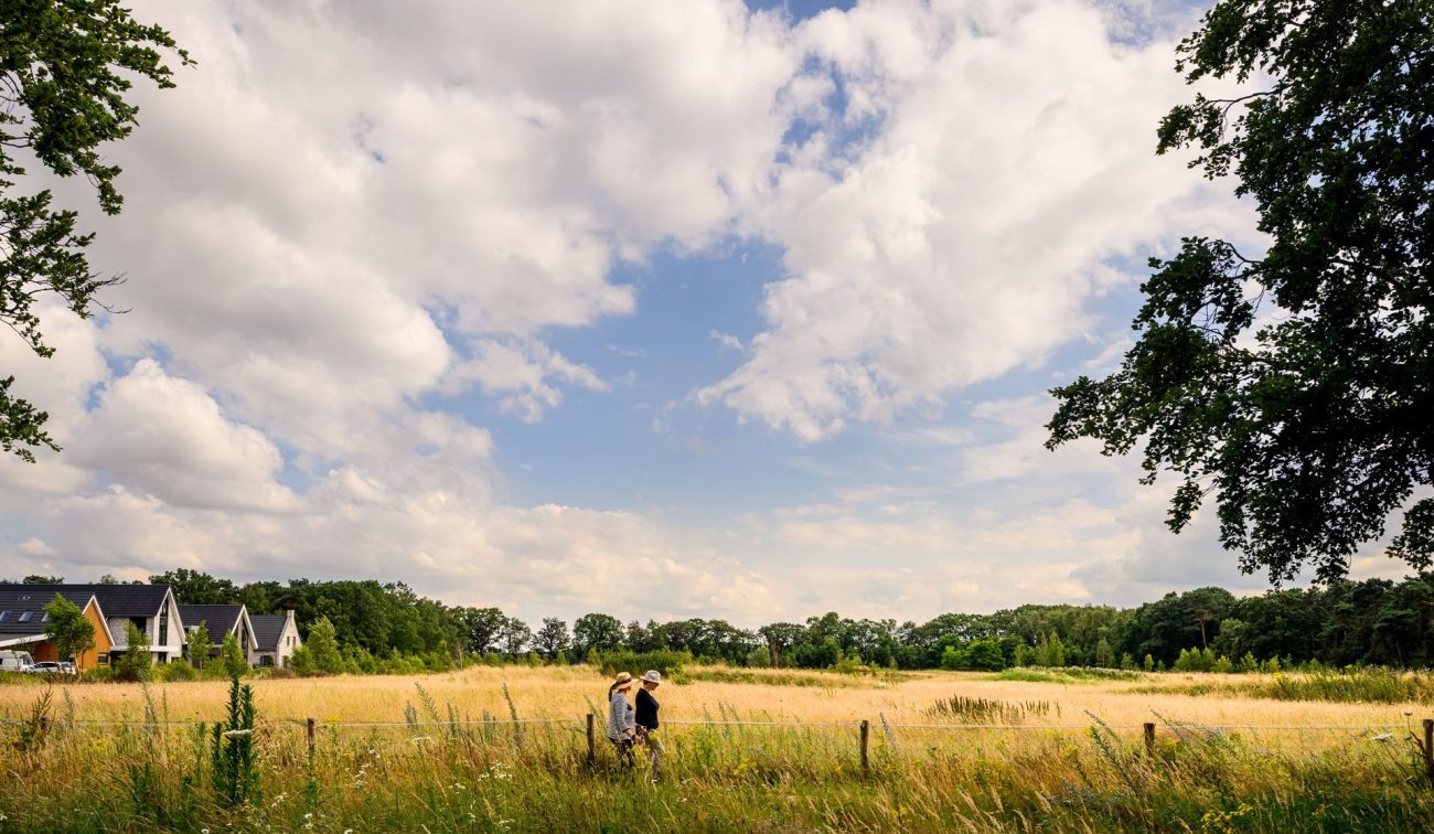 Wandelaars langs een goudgeel grasland met wilde bloemen en een rij moderne woningen aan de bosrand onder een halfbewolkte zomerlucht.