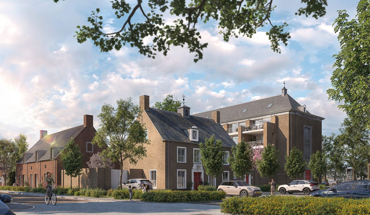 Transformatie Mariakerk Valkenswaard – impressie van herbestemde kerk met nieuwe appartementen en gerenoveerde geveltjes rond groen plein, auto’s en fietsers in straatbeeld.
