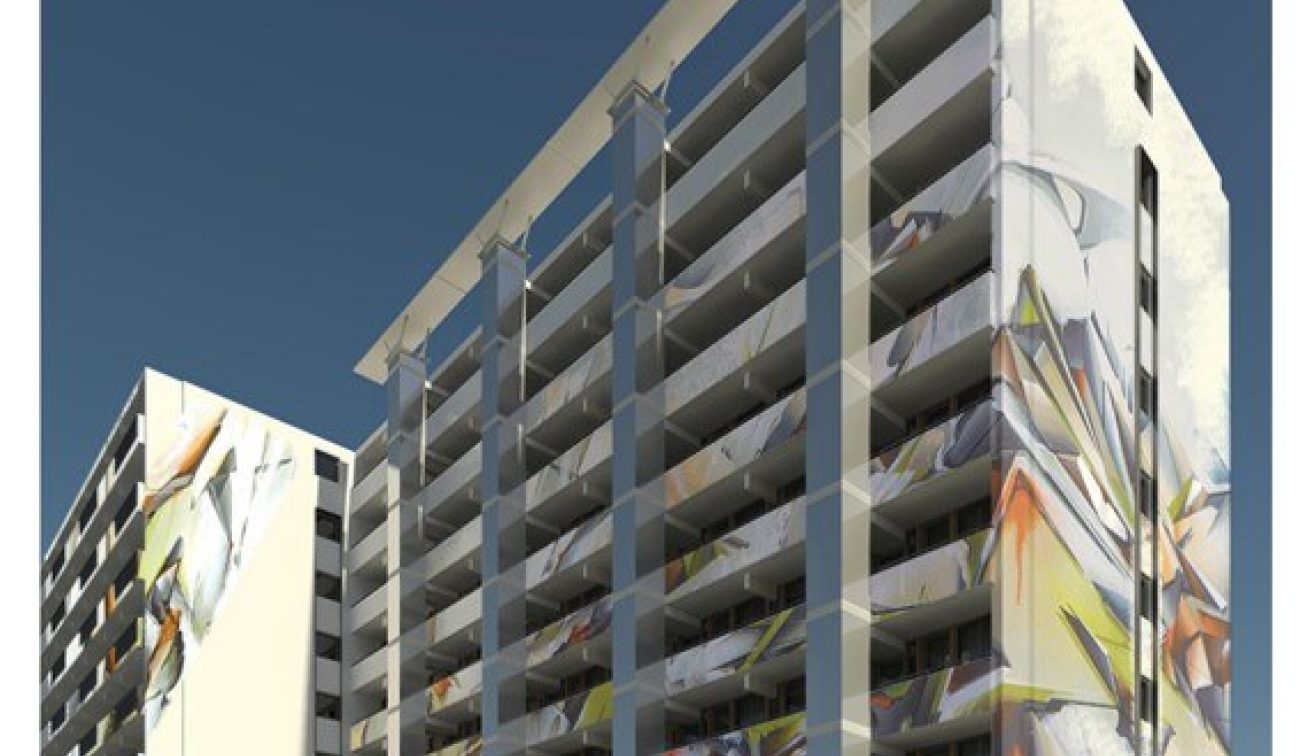 Visualisatie gerenoveerde Molenwei-flats, artistieke gevels en modern dakoverstek