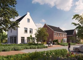 Impressie van het nieuwbouwproject De Bloesemgaard in Margraten, met moderne gezinswoningen en groene voortuinen in een rustige woonwijk.