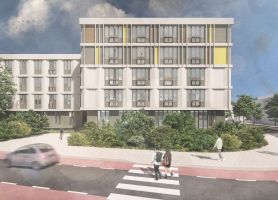 Impressie transformatie Adelbert van Scharnlaan Maastricht: modern gevelritme met geelaccenten en groene plint