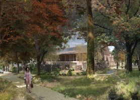 Impressie van ontwikkeling Bosplaats Thijsse in Renkum – duurzaam gebouw met houten uitstraling midden in een bosrijke omgeving, met wandelpad en bewoners in het groen.
