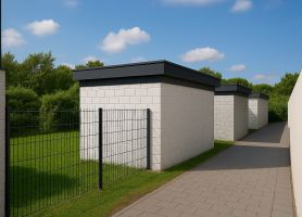 Bergingen met lichte gevels langs verhard pad tijdens groot onderhoud door Van Miltenburg