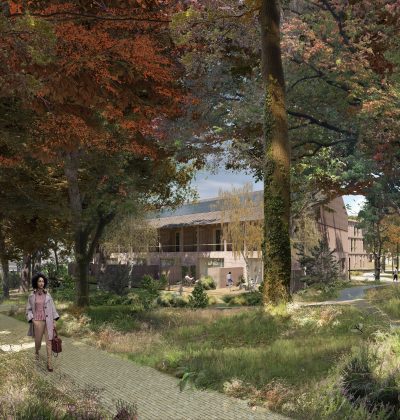 Impressie van ontwikkeling Bosplaats Thijsse in Renkum – duurzaam gebouw met houten uitstraling midden in een bosrijke omgeving, met wandelpad en bewoners in het groen.