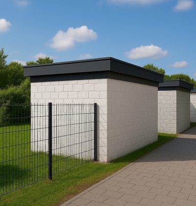Bergingen met lichte gevels langs verhard pad tijdens groot onderhoud door Van Miltenburg