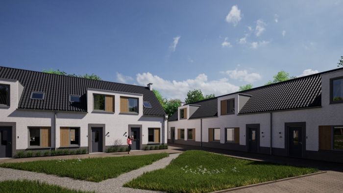 Straatimpressie van het nieuwbouwproject Houtens in Son, met rijwoningen, bomen en een groene woonomgeving.