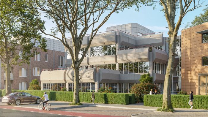 Transformatie CZ-kantoor Sittard – Impressie hoekaanzicht met afgeronde betonbanden, veel glas, terrassen en groen