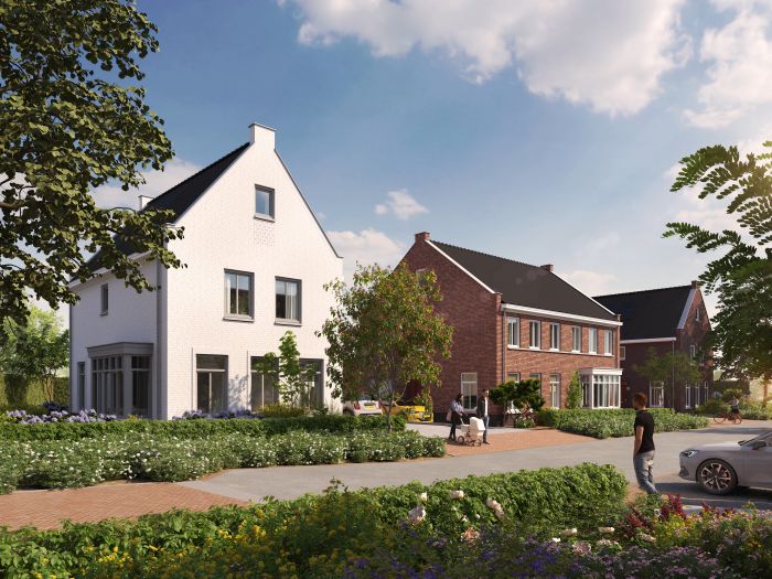 Impressie van het nieuwbouwproject De Bloesemgaard in Margraten, met moderne gezinswoningen en groene voortuinen in een rustige woonwijk.