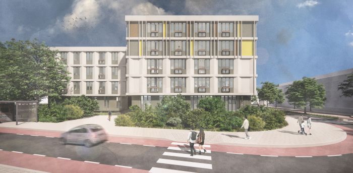Impressie transformatie Adelbert van Scharnlaan Maastricht: modern gevelritme met geelaccenten en groene plint