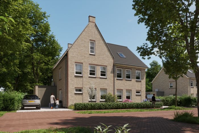 Impressie twee-onder-één-kapwoning in Bosrijk Mariendaal, Velp – lichte baksteen, donker zadeldak, voortuin en oprit met bewoners.