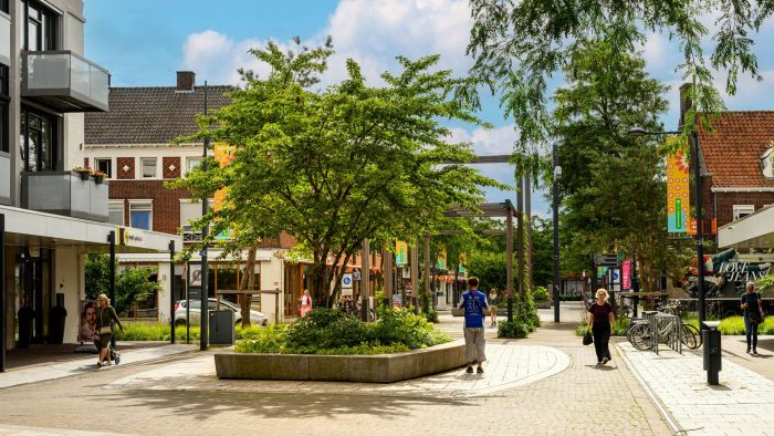 Valkenswaard dorpscentrum – groene wandelpromenade met bomen en bloembakken, winkelgevels en terrassen, voetgangers en fietsen op een zonnige dag.
