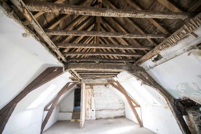 Zolder met zichtbare eiken spanten en gebinten in oude hoeve — herbestemming tot appartementen Maastricht