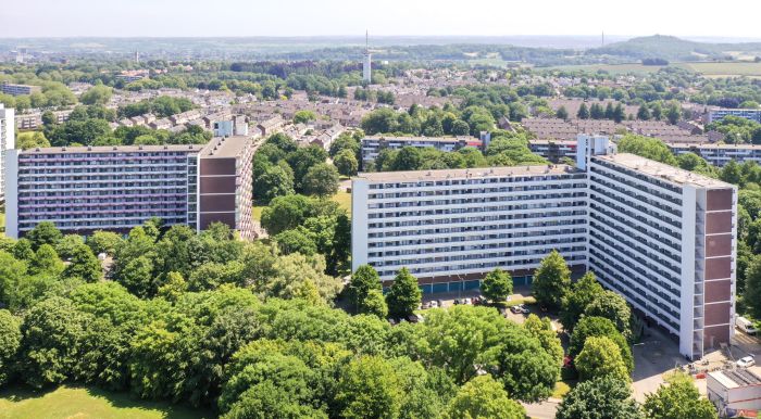 Overzicht wooncomplex Palatijnhof Maastricht met hoogbouwflats en bomen – renovatie & energiemaatregelen.