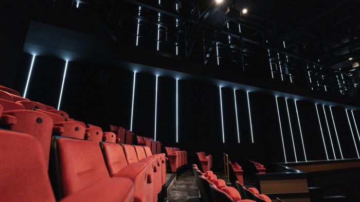 Rij roodpluche theaterstoelen in een donkere zaal met zwarte wanden en verticale LED-lijnverlichting; links de tribune, rechts de rand van het podium/techniekruimte.